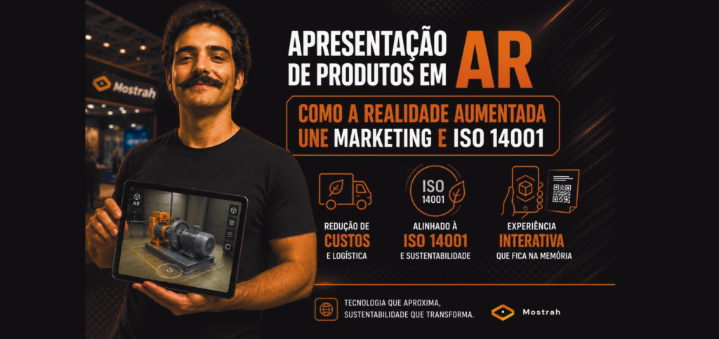 "Um homem apresentando um Modelo virtual em um tablet, atrás dele um letreiro resaltando positivamente a Realidade Aumentada"