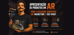 "Um homem apresentando um Modelo virtual em um tablet, atrás dele um letreiro resaltando positivamente a Realidade Aumentada"