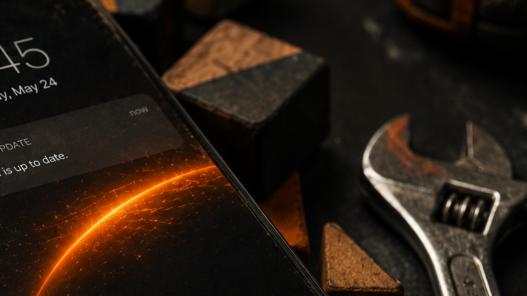 "Um smartphone com leves riscos na tela, apoiado em ferramentas manuais e brinquedos infantis de madeira sobre uma mesa preta, iluminado por uma luz laranja."