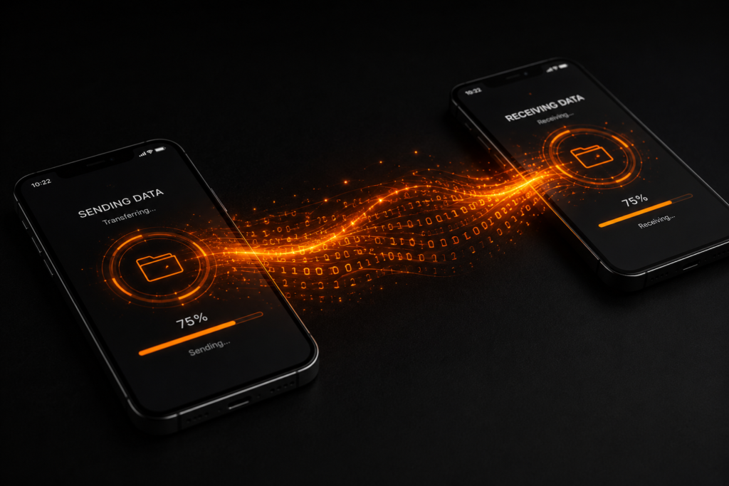 "Dois smartphones lado a lado em um ambiente escuro, conectados por um fluxo de dados digital e holográfico em formato de partículas laranjas."