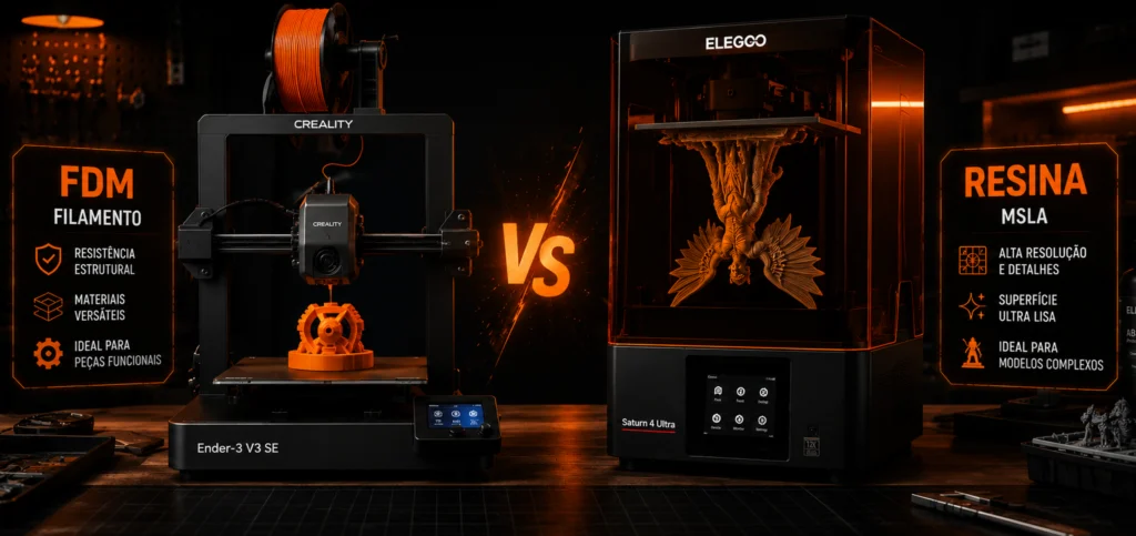 "Uma impressora 3D de filamento Creality e uma impressora de resina Elegoo em uma bancada de projeto escurecida, iluminadas por luzes laranjas e detalhes tecnológicos."