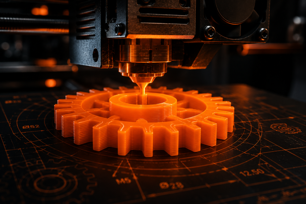 "Um close-up macro de um bico extrusor de impressora 3D FDM depositando plástico laranja Princeton para formar uma engrenagem mecânica complexa em um ambiente escuro."