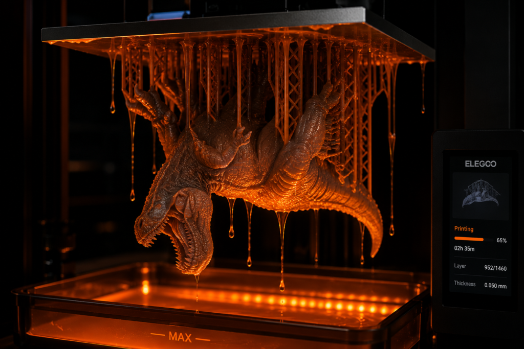 "Um close-up de uma miniatura orgânica extremamente detalhada de um monstro de RPG sendo erguida da bandeja de uma impressora 3D de resina, iluminada por luz UV laranja em um estúdio escuro."