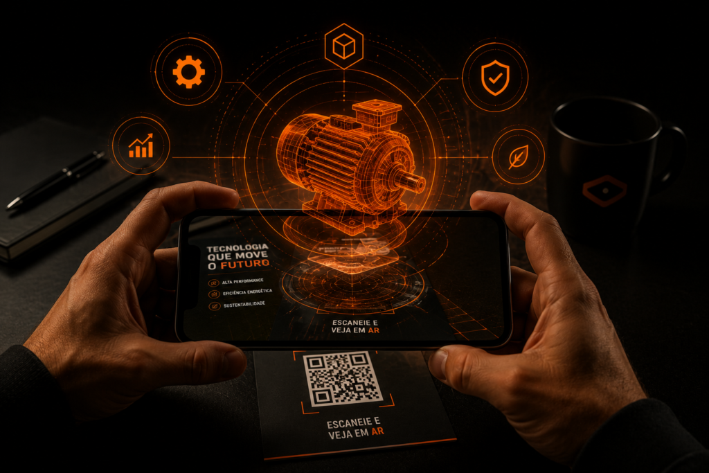 "Mãos segurando um smartphone que escaneia um folder escuro sobre a mesa, revelando gráficos de crescimento e uma peça de engenharia 3D em Realidade Aumentada."