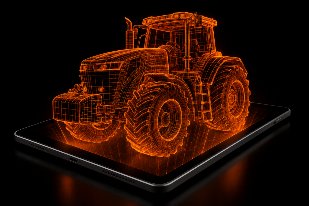 "Um tablet moderno repousando em um fundo preto absoluto, projetando a holografia de um trator industrial pesado em linhas 3D laranja brilhante, ilustrando a eliminação de frete."